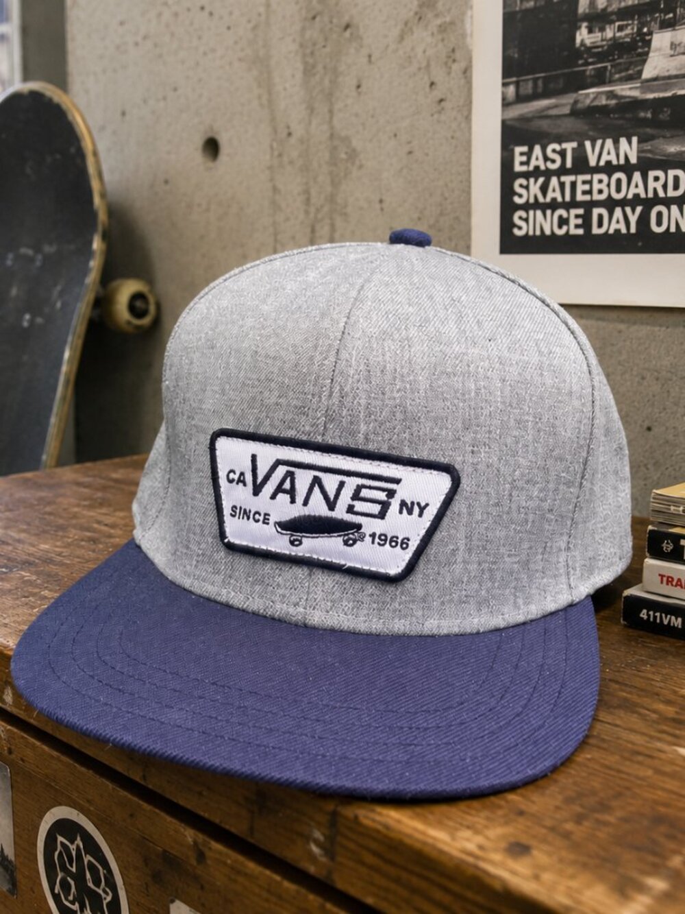 Vans Full Patch Snapback Hat Grey Navy CA NY Since 1966 Skateboard Cap